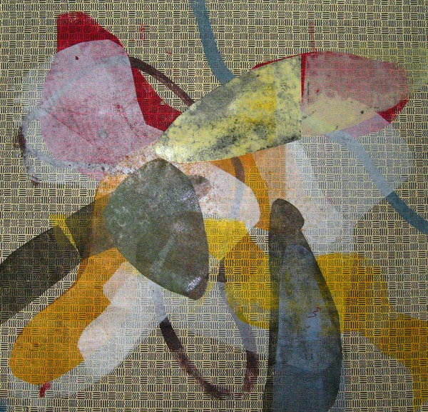 09 Insekt auf Blüte, 2011. Druck, Öl auf gemustertem Papier, 40 x 40 cm